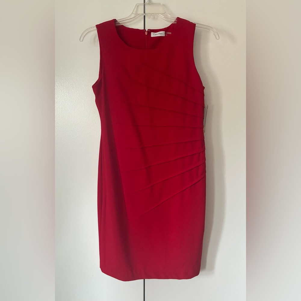 Calvin Klein Red Ruched Sheath Midi Dress